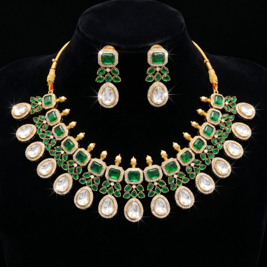 Emerald & Polki Square Stone Choker Bridal Set