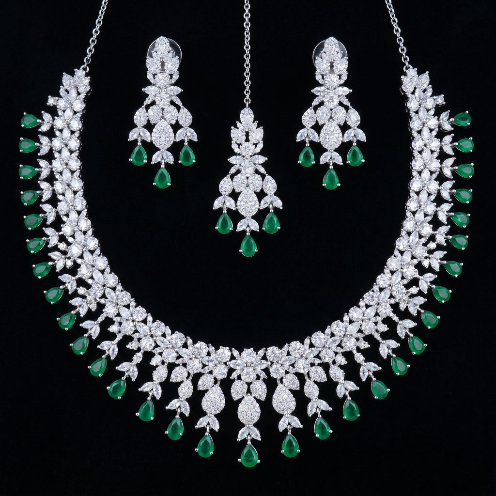 Silver CZ Diamond & Emerald Drop Bridal Set