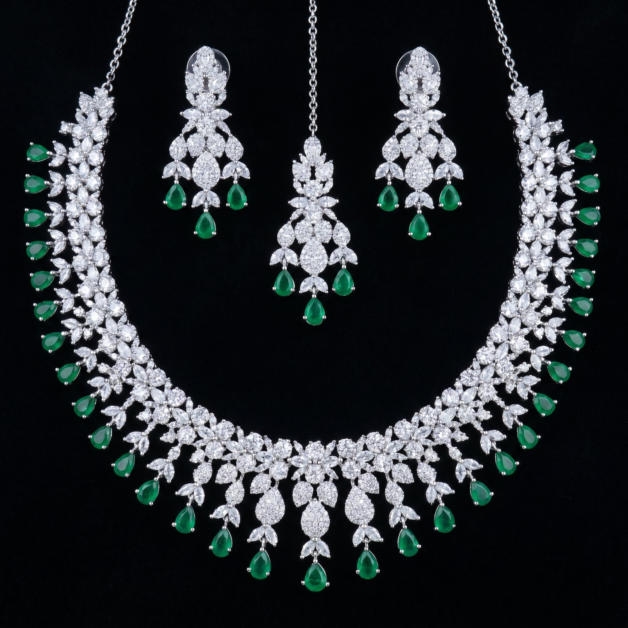 Silver CZ Diamond & Emerald Drop Bridal Set