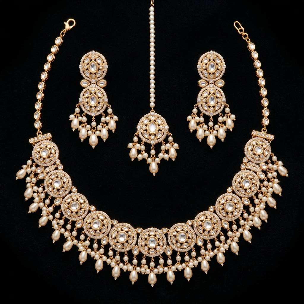Gold Floral Choker & Emerald Bead Jhumka Bridal Set