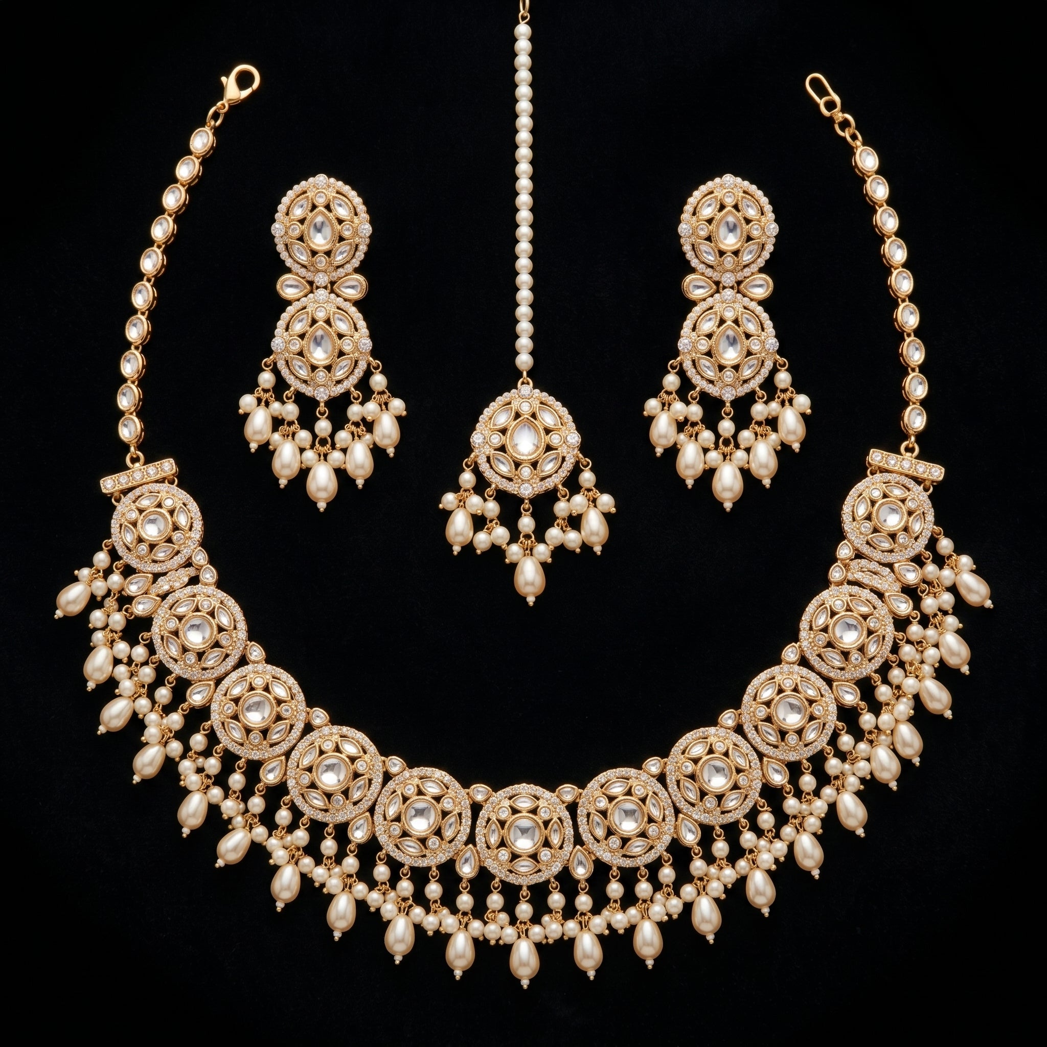 Gold Floral Choker & Emerald Bead Jhumka Bridal Set