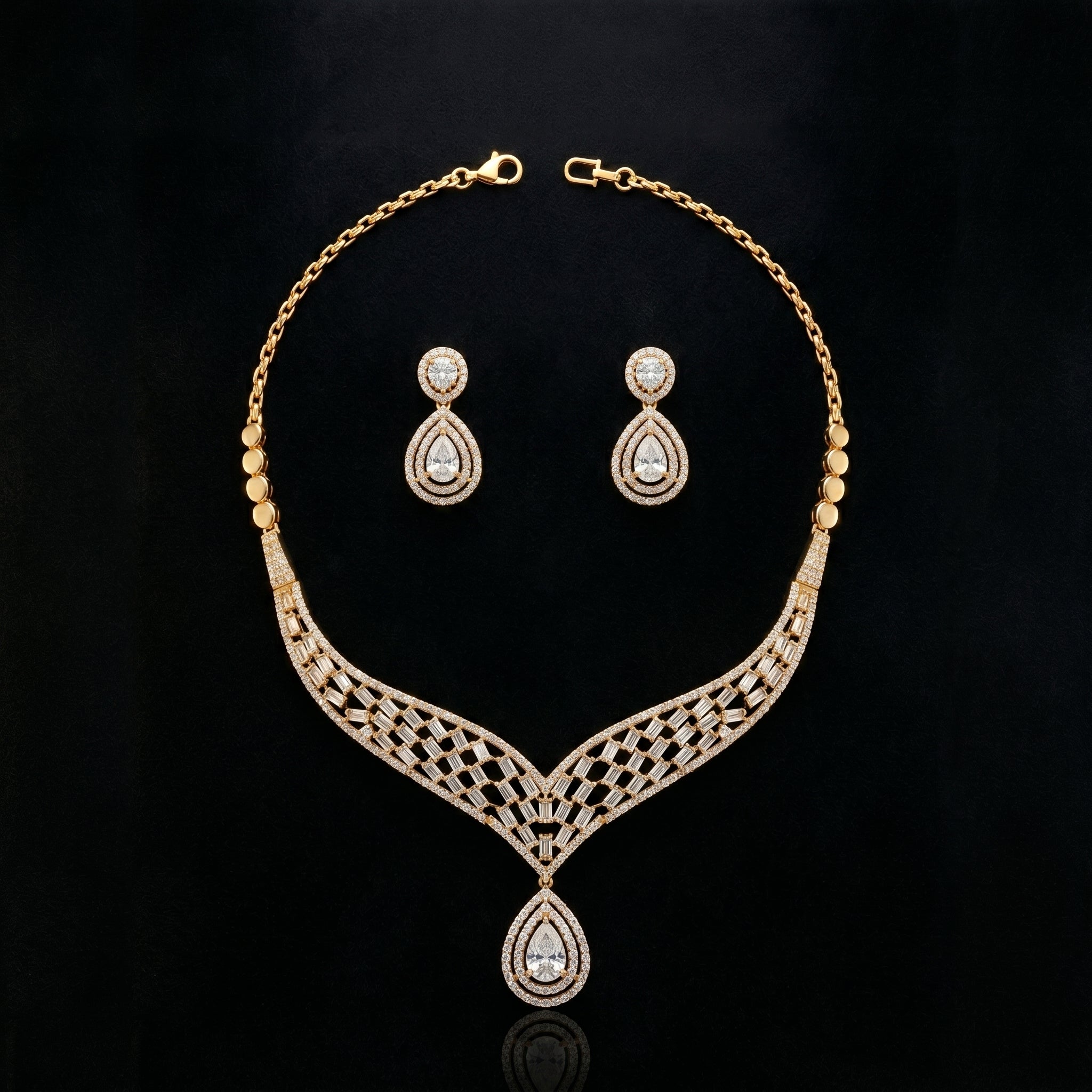 Gold CZ Lattice Teardrop Necklace Set