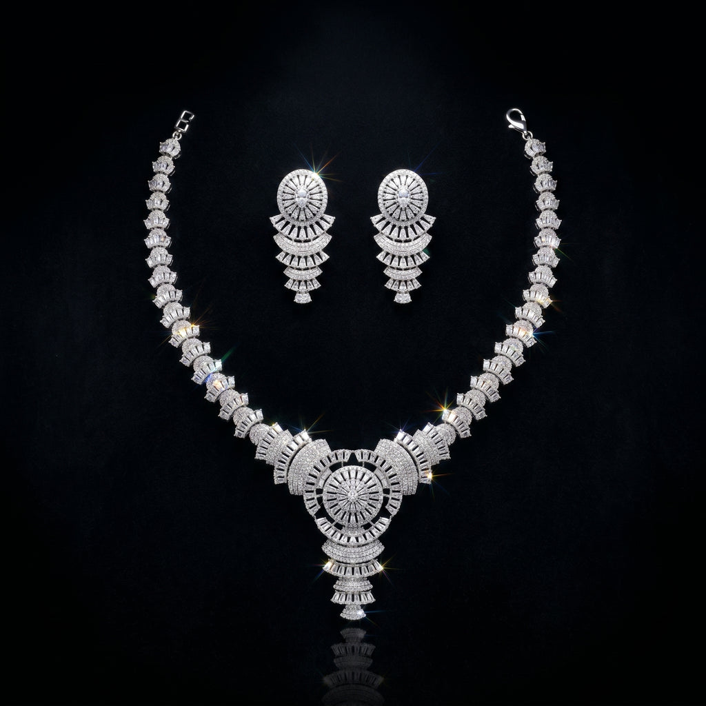 Silver CZ Sunburst Medallion Necklace Set