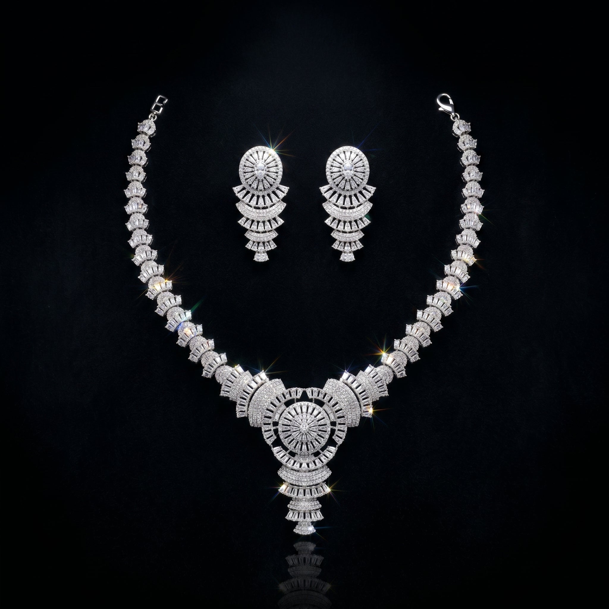 Silver CZ Sunburst Medallion Necklace Set