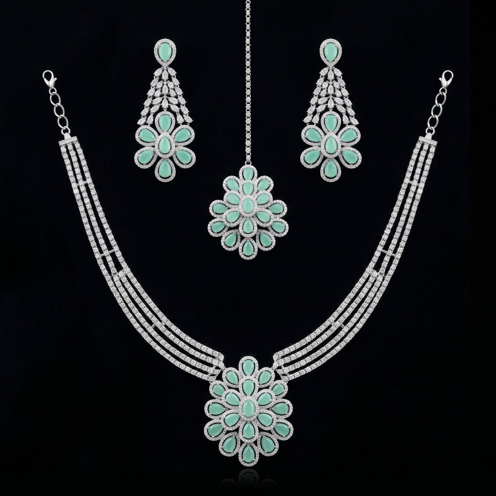 Silver CZ Mint Green Floral Necklace Set