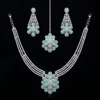 Silver CZ Mint Green Floral Necklace Set