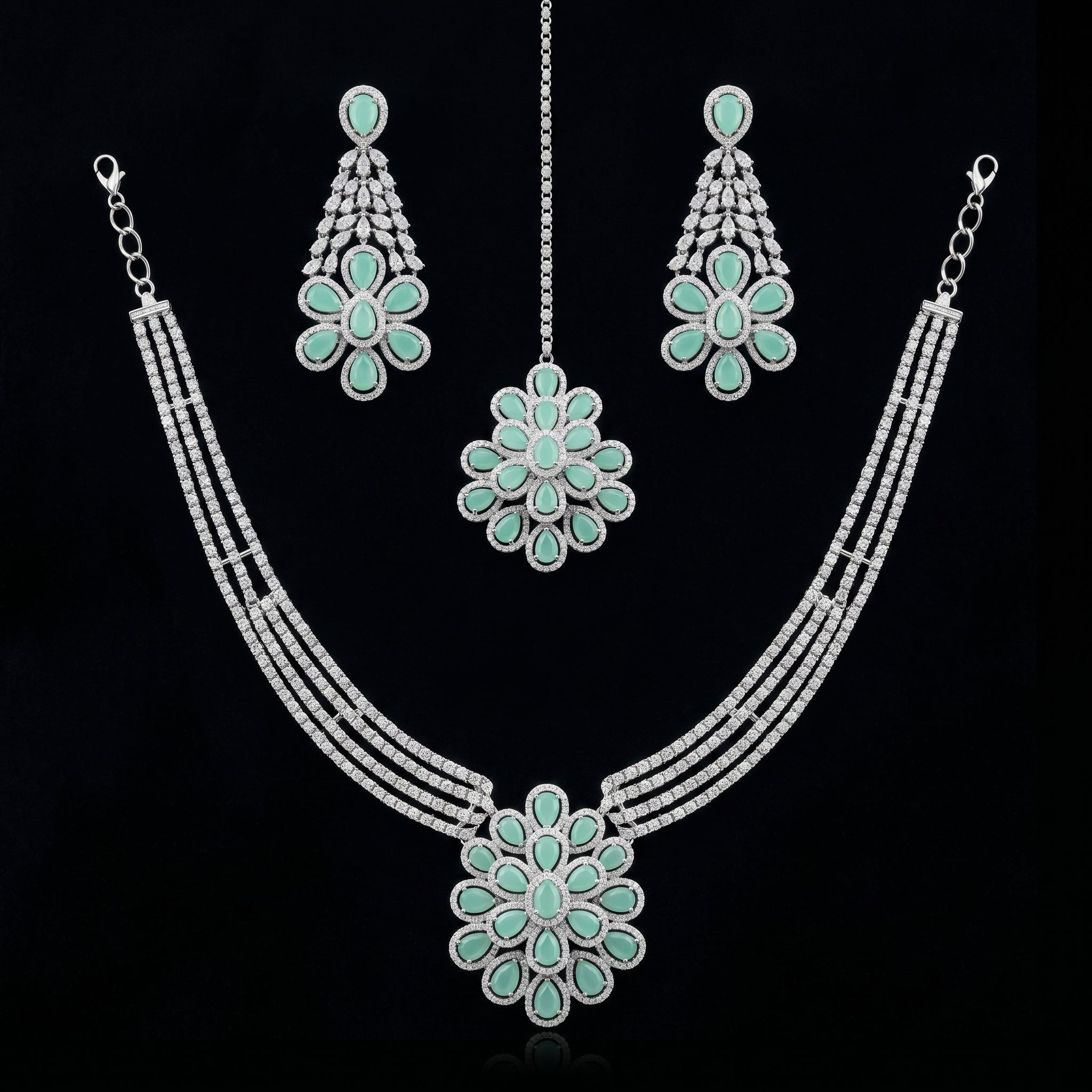 Silver CZ Mint Green Floral Necklace Set