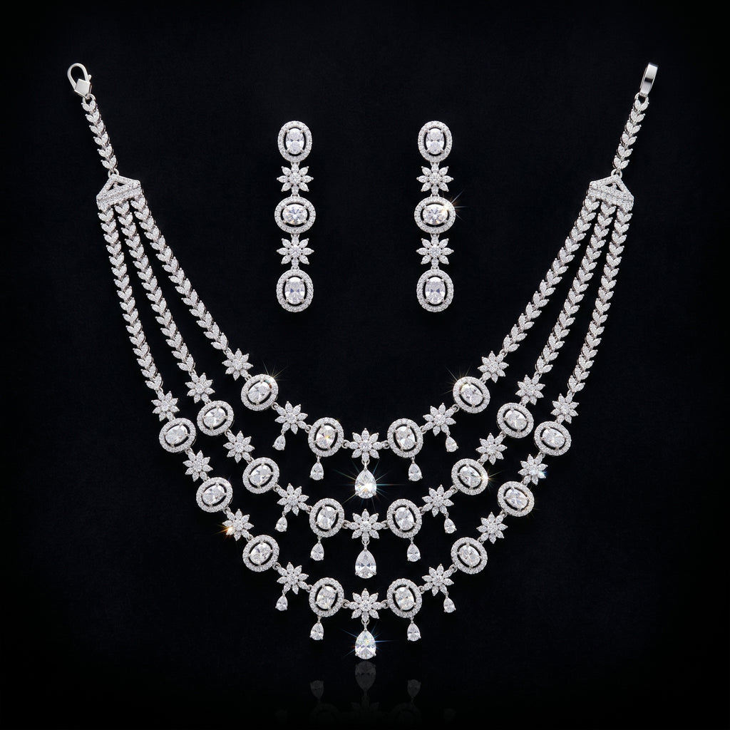 Silver CZ Fringe Teardrop Necklace Set