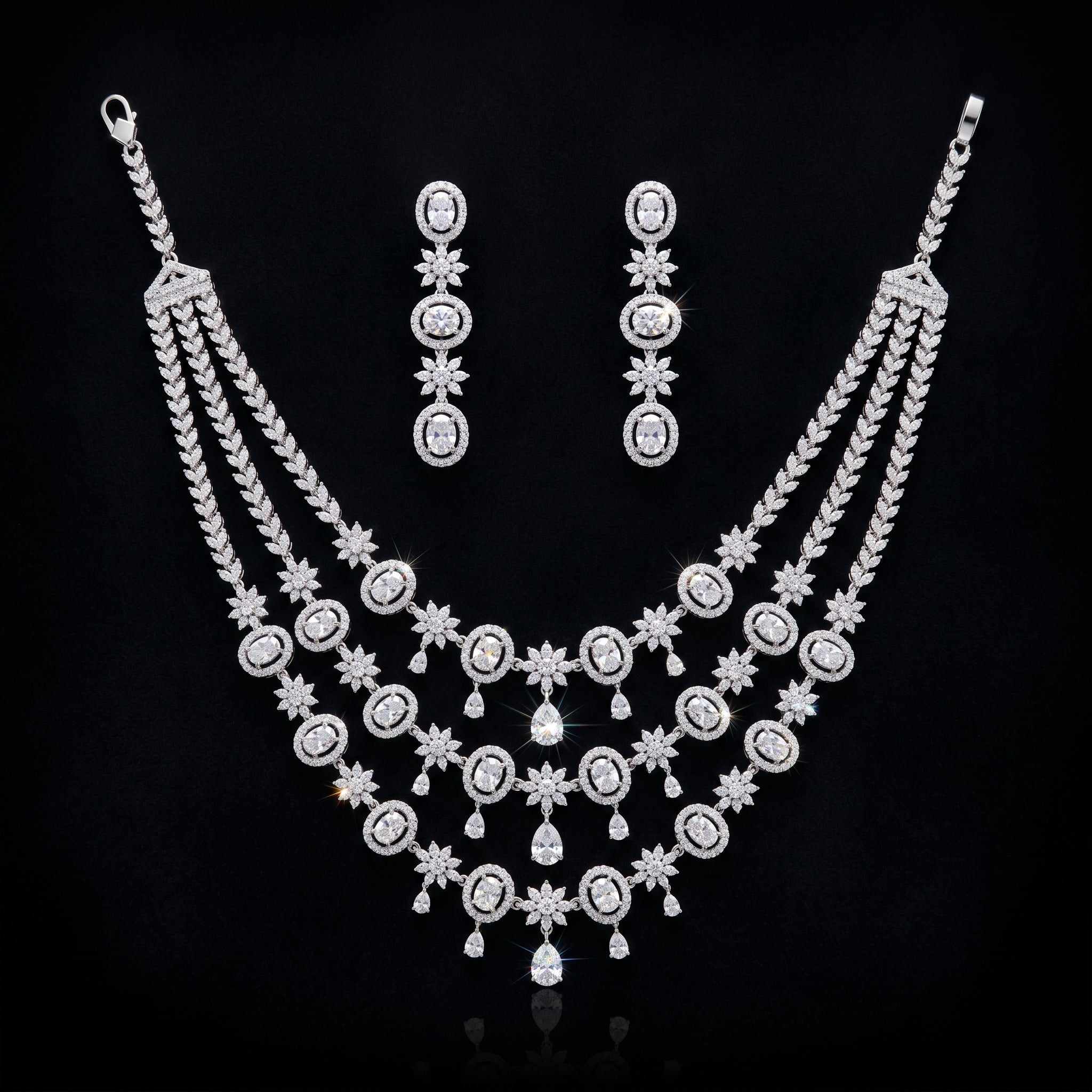 Silver CZ Fringe Teardrop Necklace Set