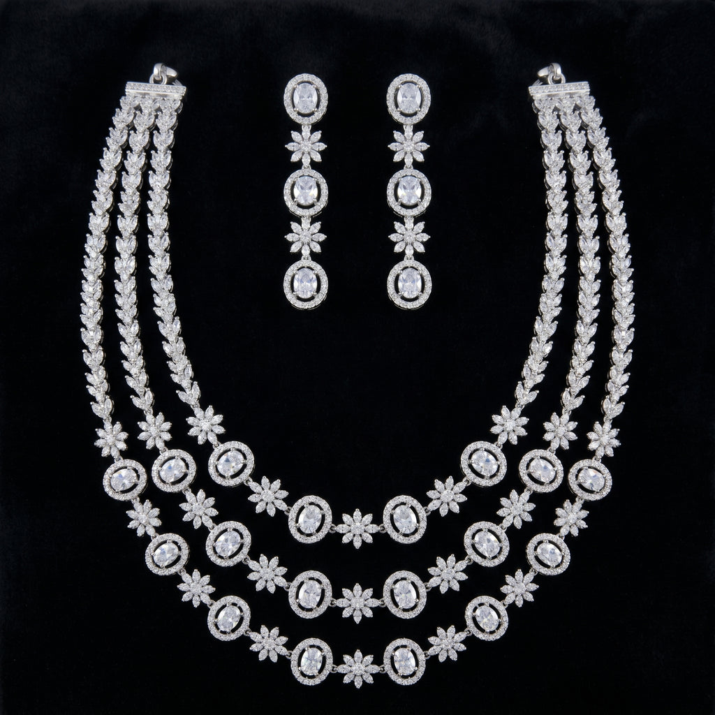 Silver CZ Triple-Layer Necklace Set