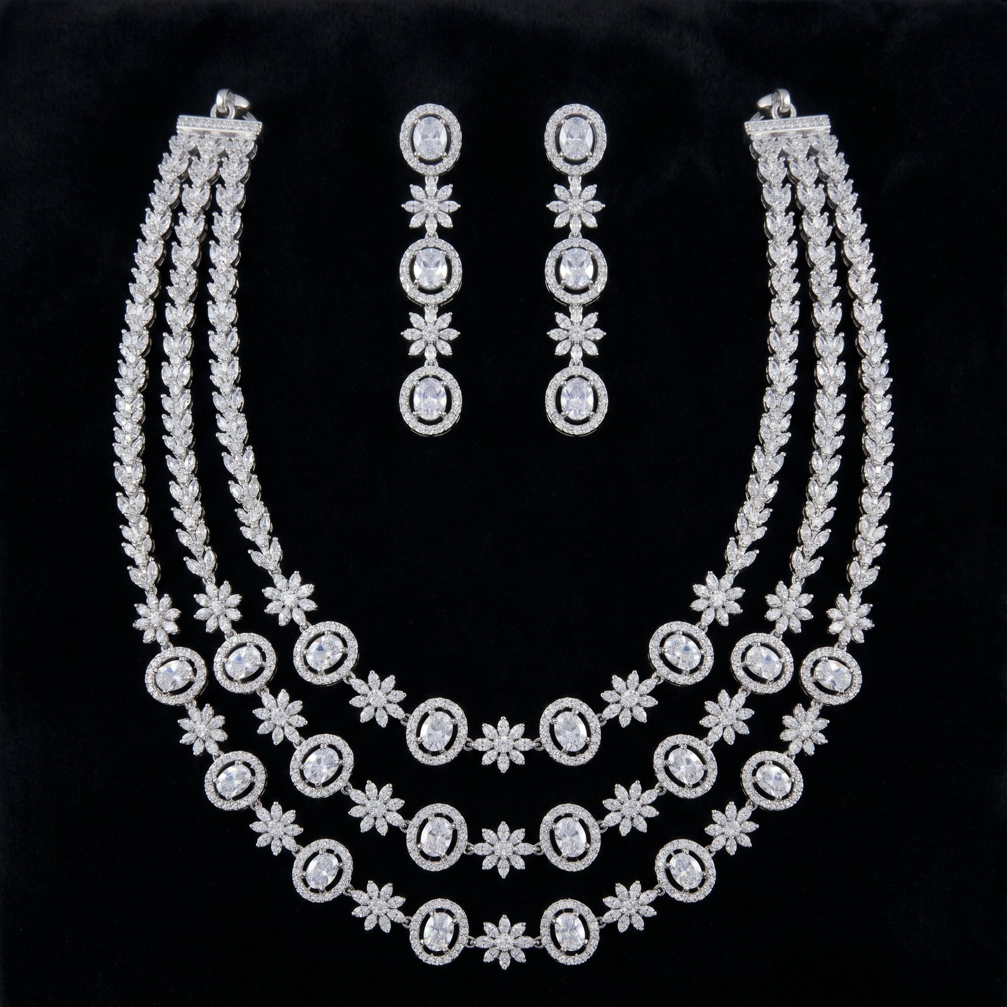 Silver CZ Triple-Layer Necklace Set