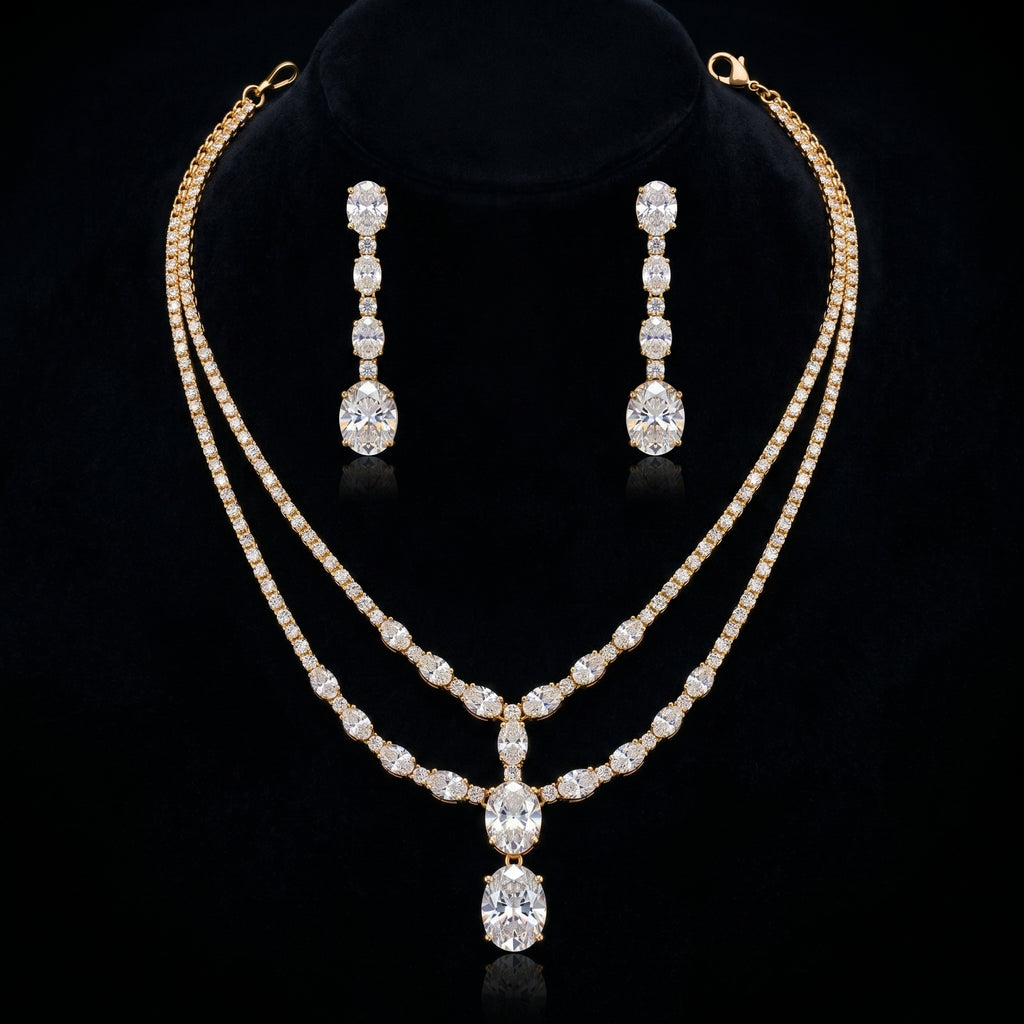 Gold Double Tennis Pendant Necklace Set