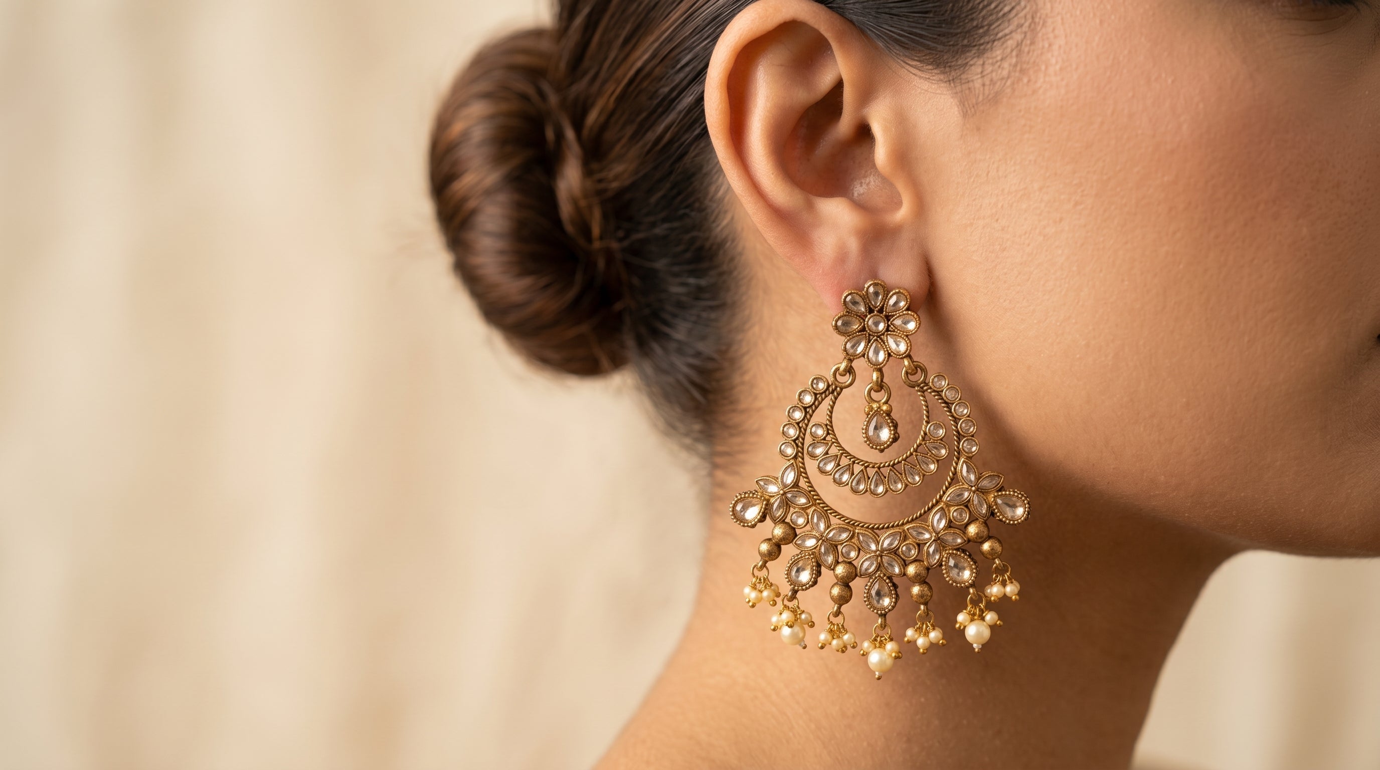 Kundan Chandbali Earrings with Pearl Drops
