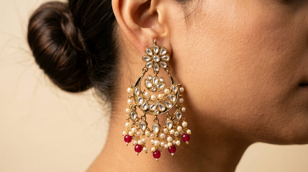 Kundan Chandbali Earrings with Ruby Red Drops
