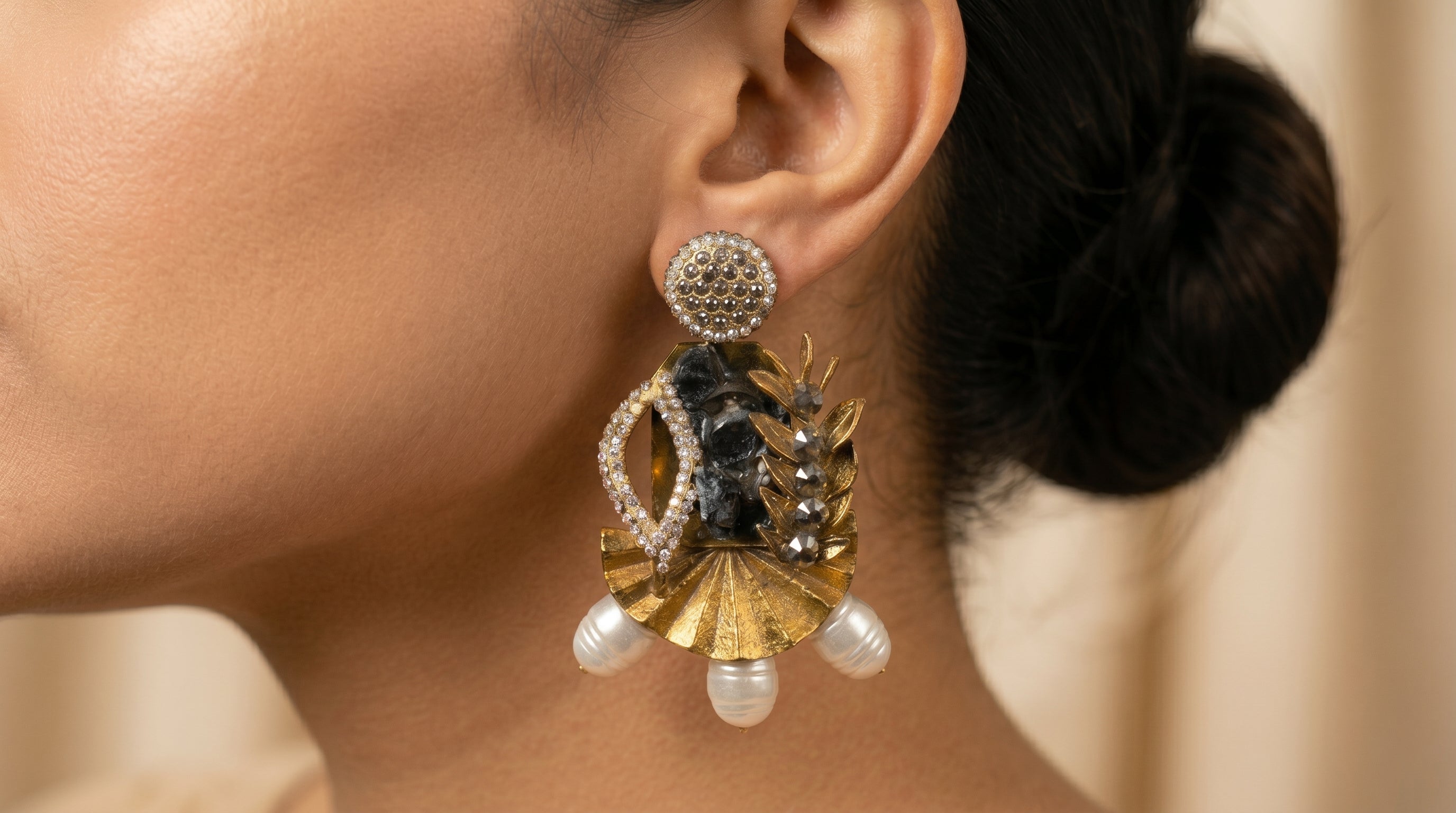Black Stone & Gold Fan Statement Earrings