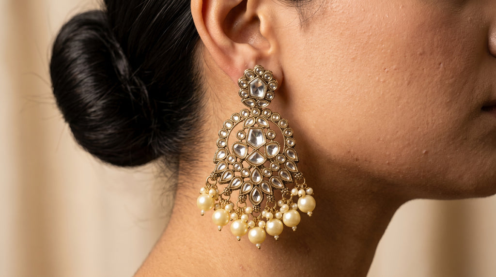 Antique Gold Kundan Chandbali Earrings