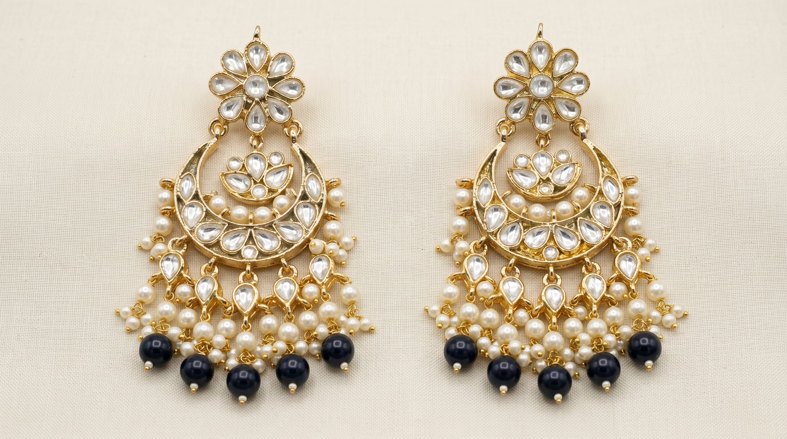 Kundan Chandbali Earrings with Sapphire Blue Drops