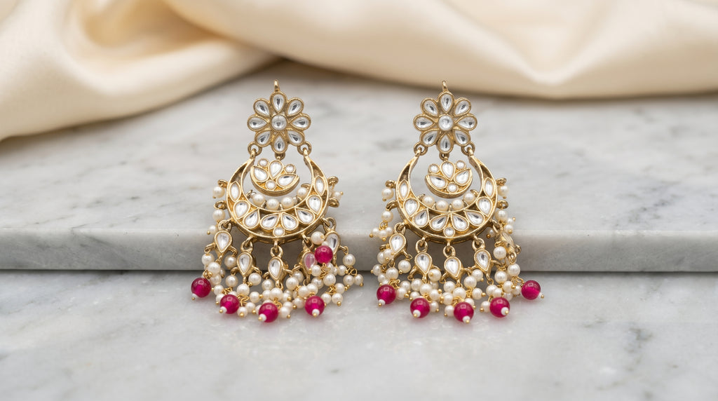 Kundan Chandbali Earrings with Ruby Red Drops