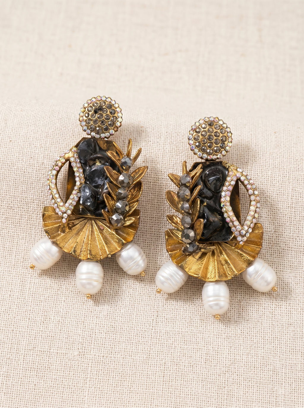 Black Stone & Gold Fan Statement Earrings