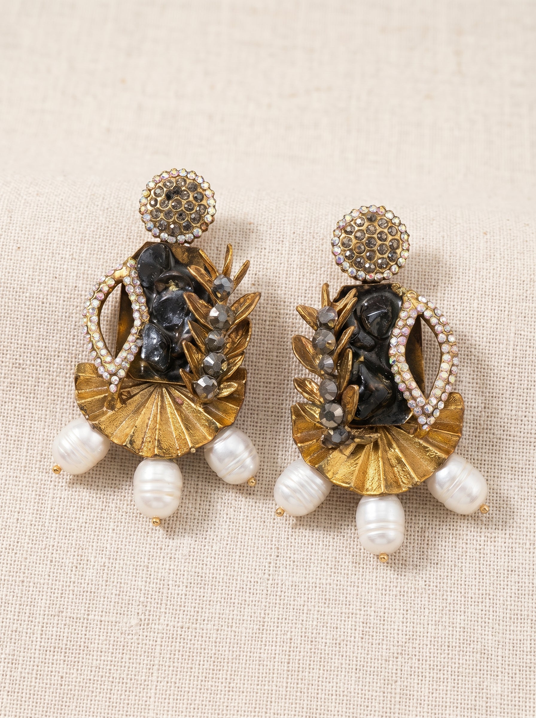 Black Stone & Gold Fan Statement Earrings