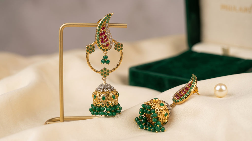 Emerald & Ruby Paisley Jhumka Earrings