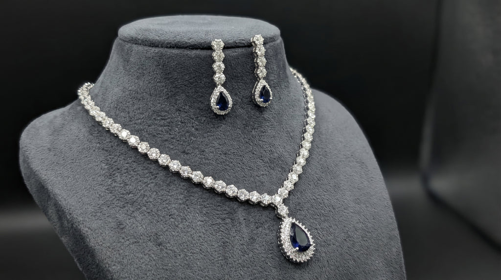 Royal Sapphire & CZ Diamond Tennis Necklace Set