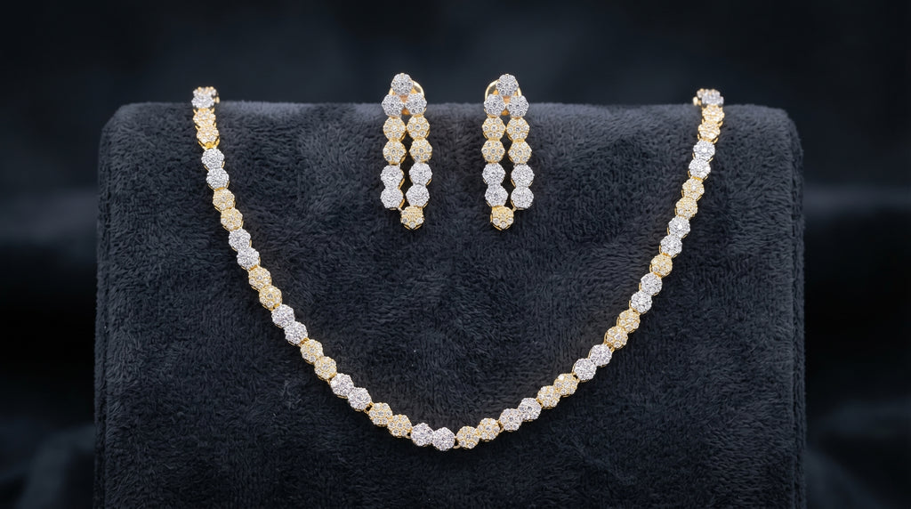 Two-Tone Diamond Floral Cluster Chain Necklace Set