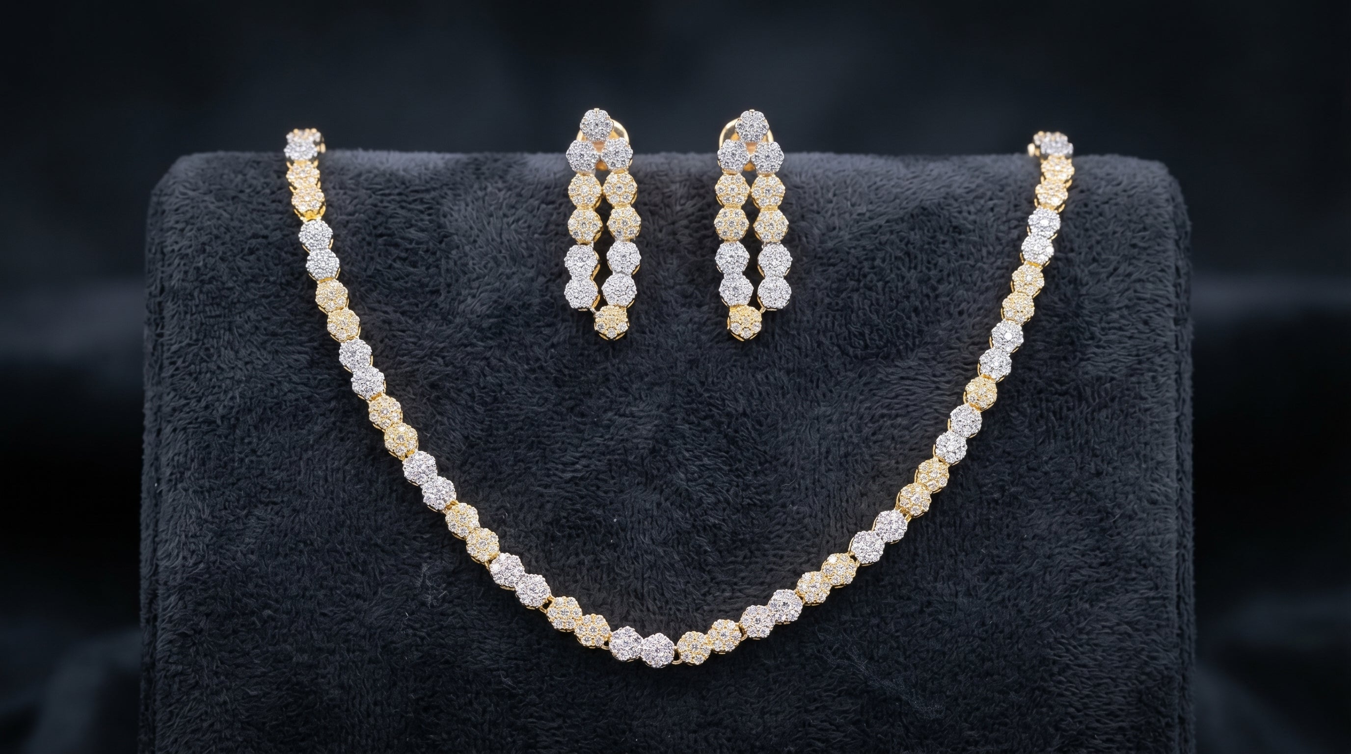 Two-Tone Diamond Floral Cluster Chain Necklace Set