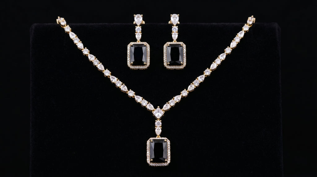 Black Onyx & Diamond Crystal Pendant Necklace Set