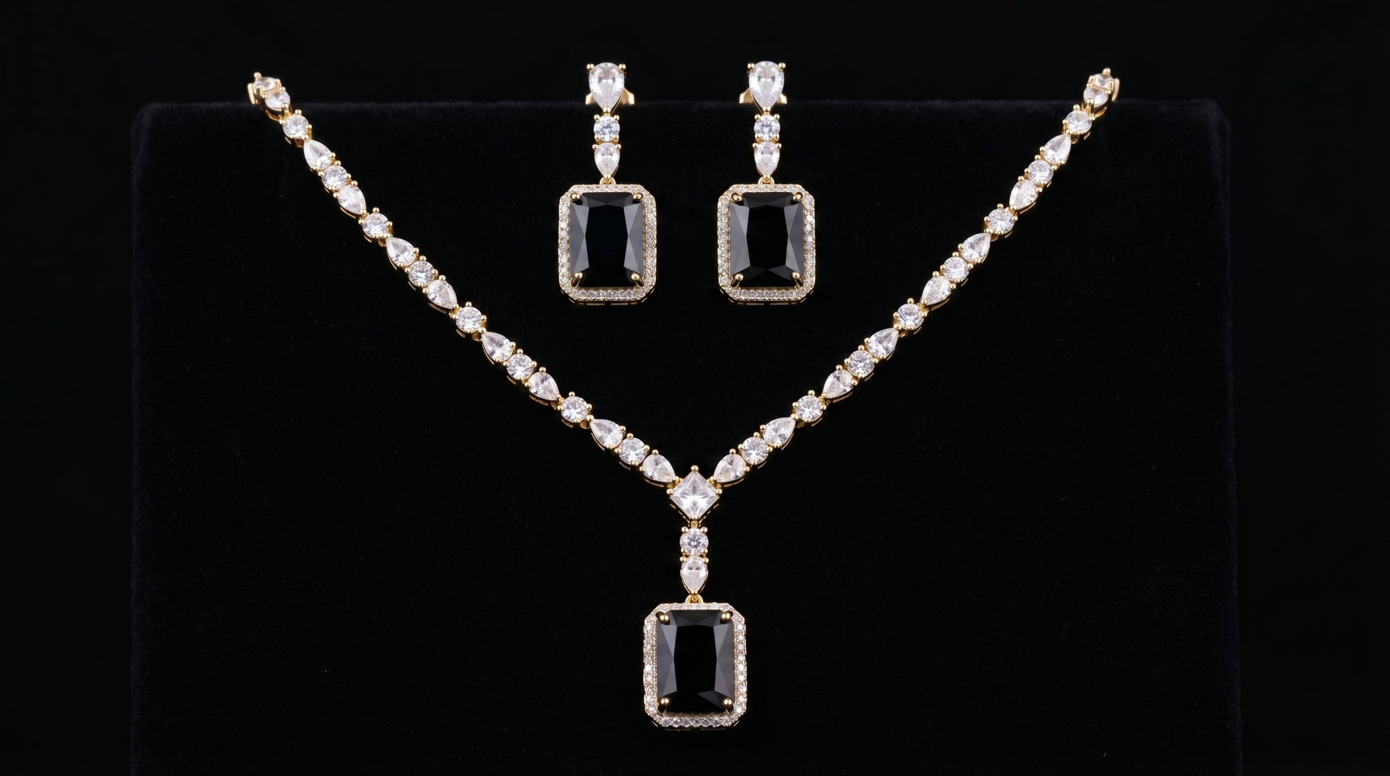 Black Onyx & Diamond Crystal Pendant Necklace Set