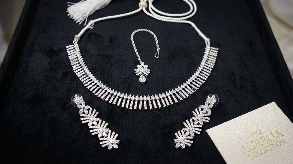 Silver Diamond Baguette Fringe Choker Necklace Set