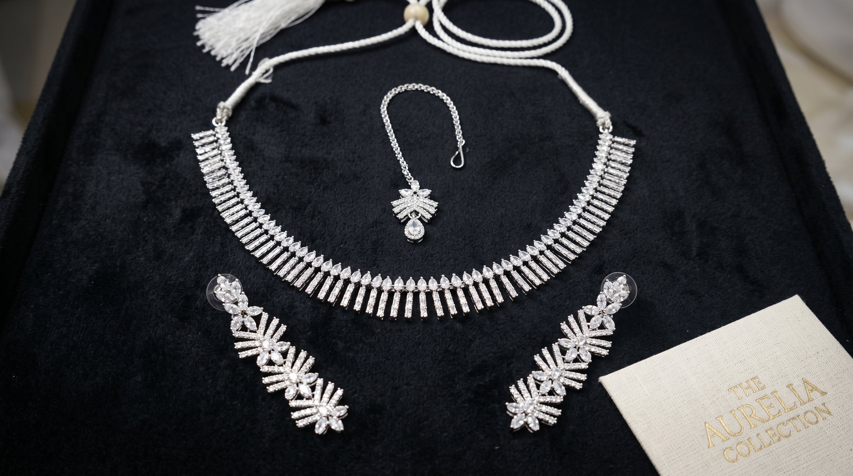 Silver Diamond Baguette Fringe Choker Necklace Set