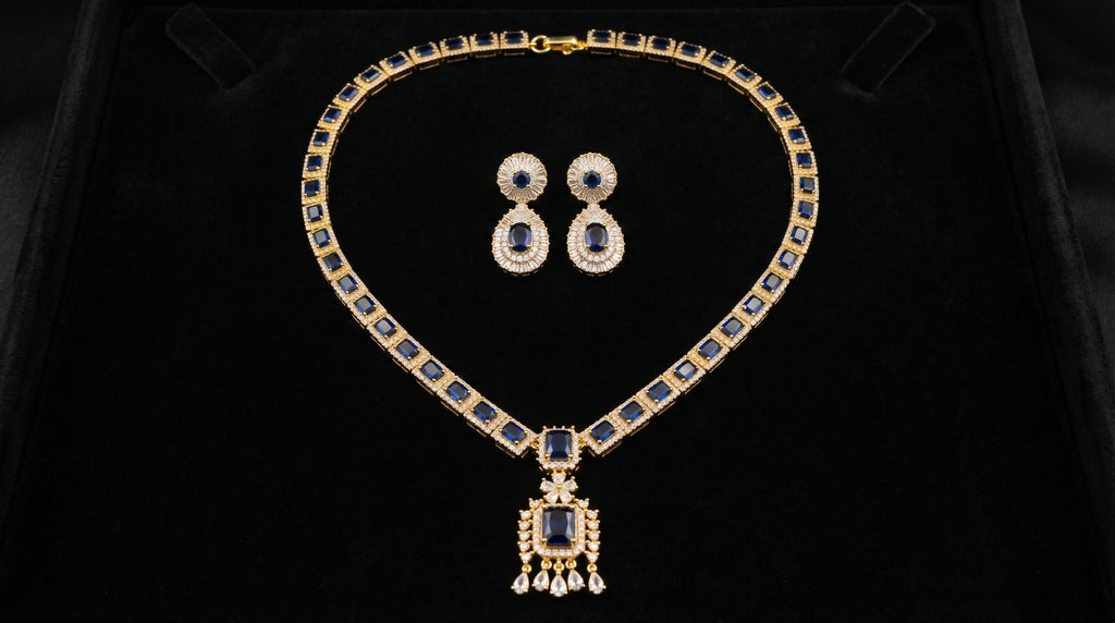 Royal Blue Sapphire & Diamond Baguette Necklace Set