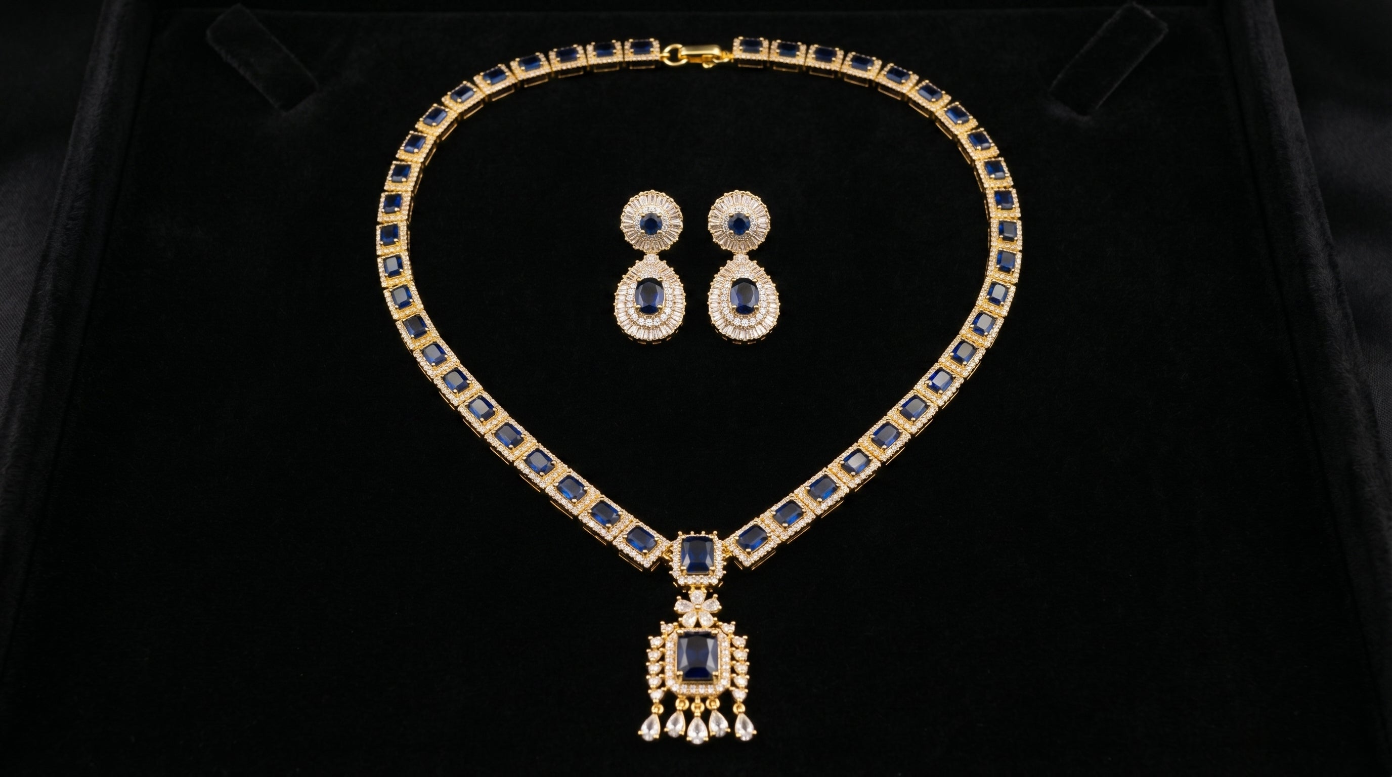 Royal Blue Sapphire & Diamond Baguette Necklace Set