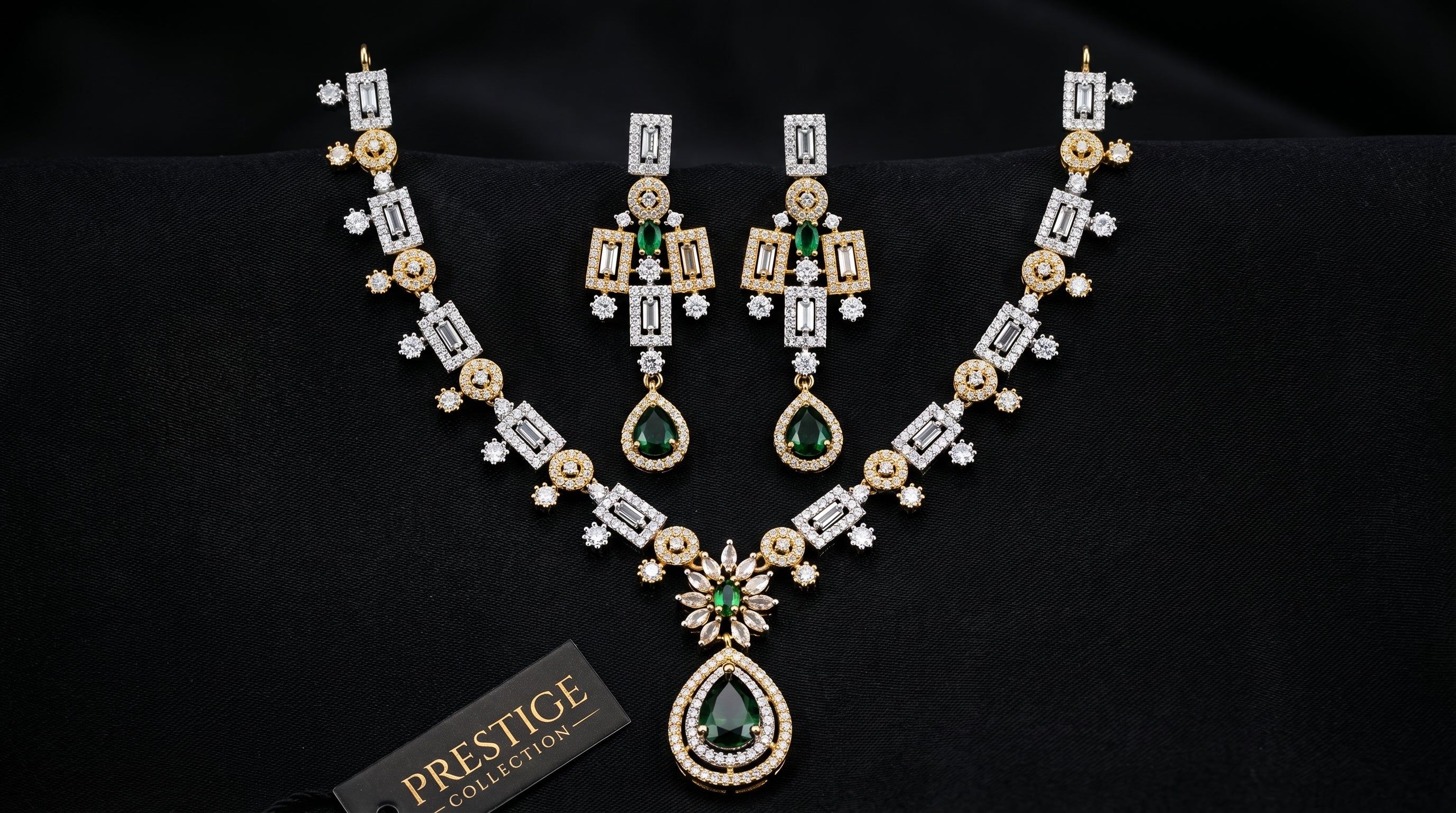 Emerald & Diamond Baguette Floral Necklace Set