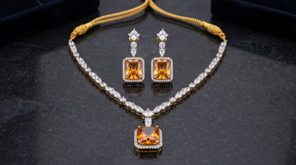 Champagne Morganite & Crystal Diamond Tennis Necklace Set