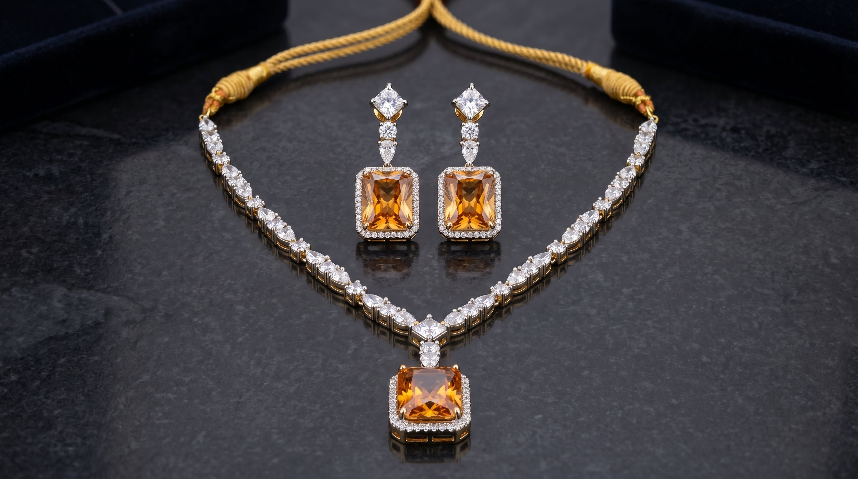 Champagne Morganite & Crystal Diamond Tennis Necklace Set