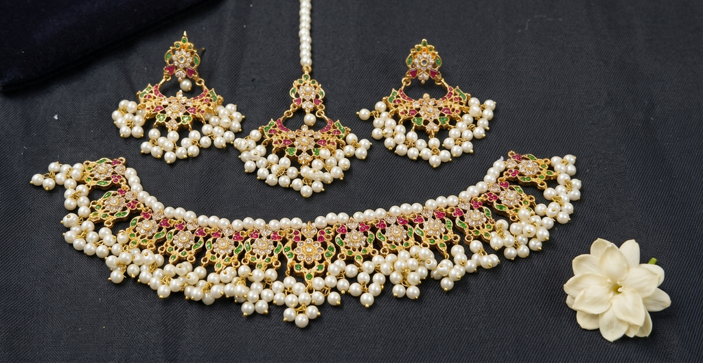 Pearl & Meenakari Gold Choker Necklace Set