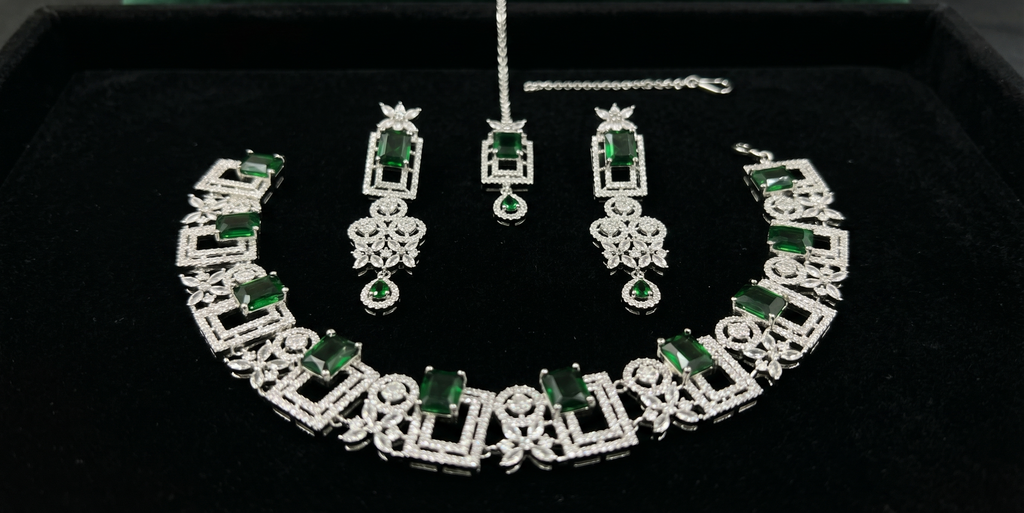 Emerald & Crystal Diamond Geometric Panel Choker Necklace Set