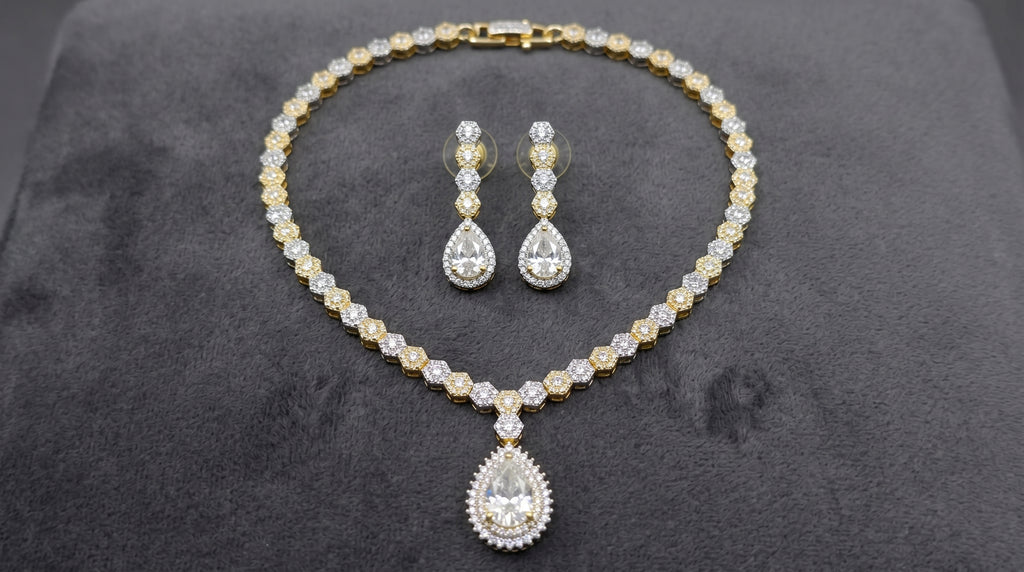 Two-Tone Crystal Diamond Floral Chain Necklace Set