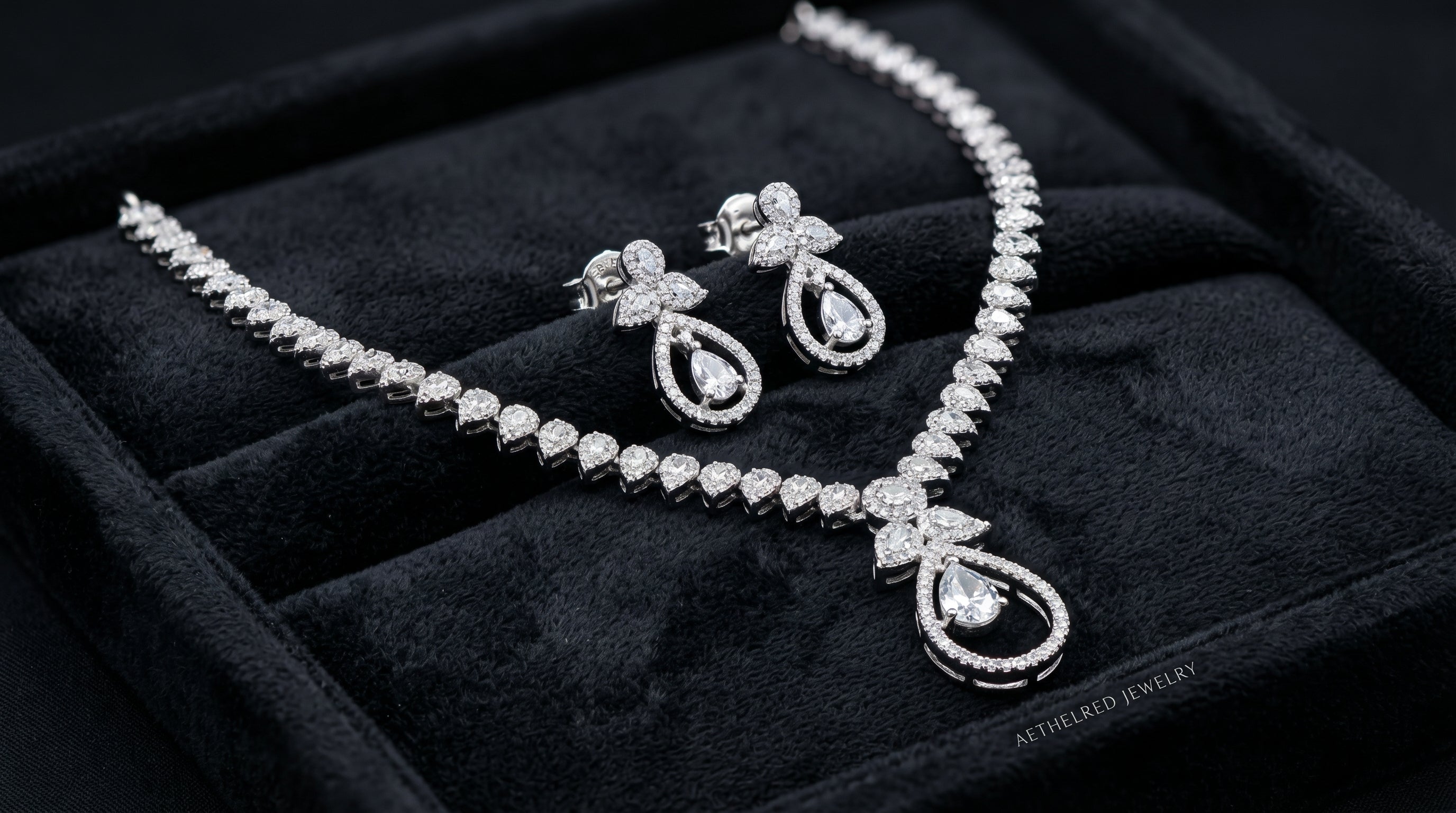 Silver Crystal Diamond Pear Floral Necklace Set