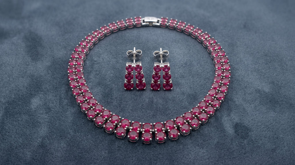 Pink Ruby Multi-Row Oval Stone Collar Choker Necklace Set