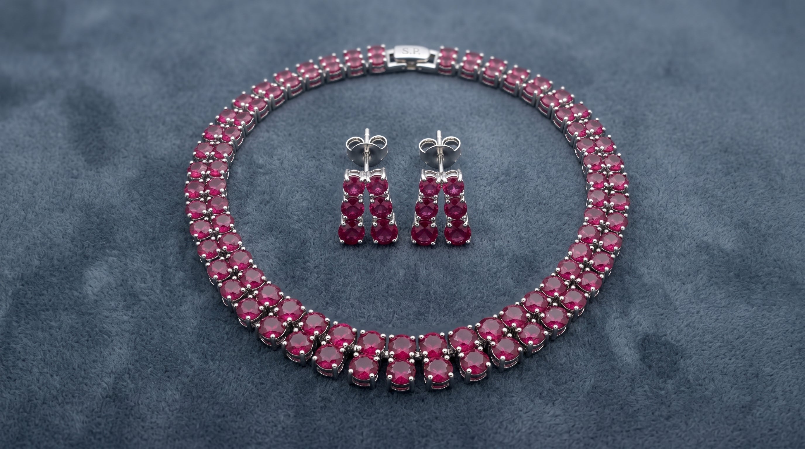 Pink Ruby Multi-Row Oval Stone Collar Choker Necklace Set