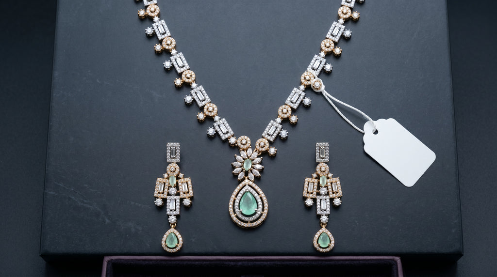 Mint Green & Crystal Diamond Two-Tone Geometric Baguette Necklace Set