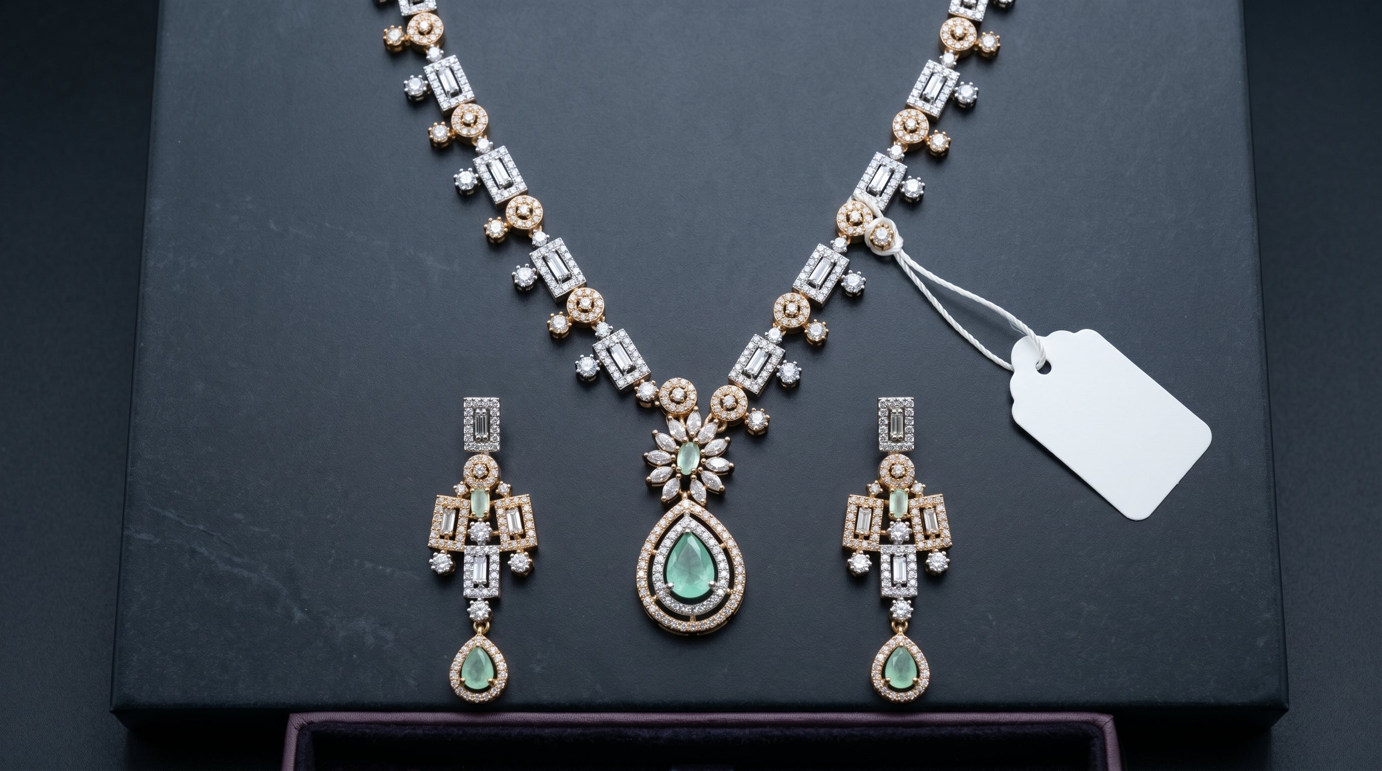 Mint Green & Crystal Diamond Two-Tone Geometric Baguette Necklace Set