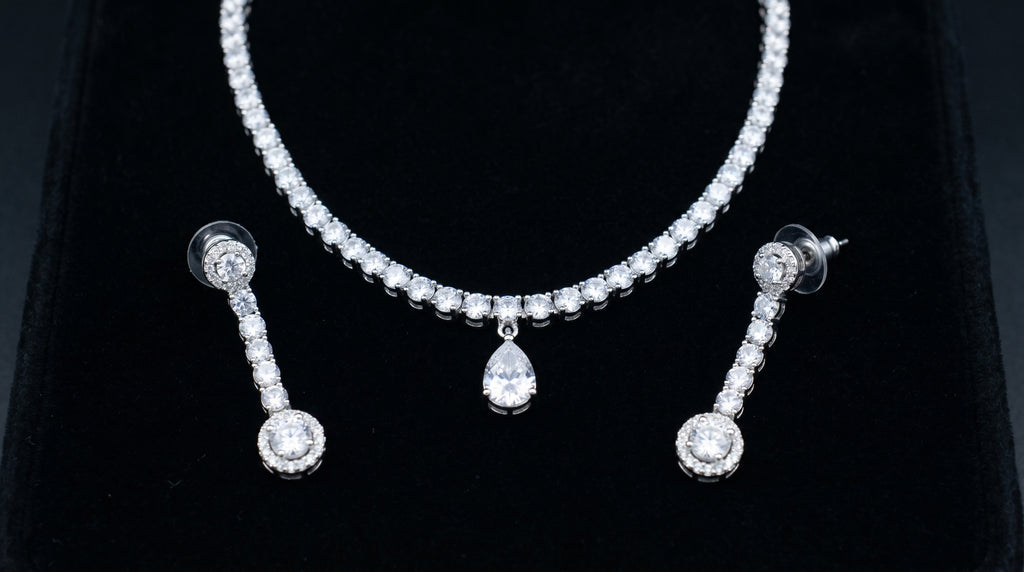 Silver Crystal Diamond Tennis Necklace Set