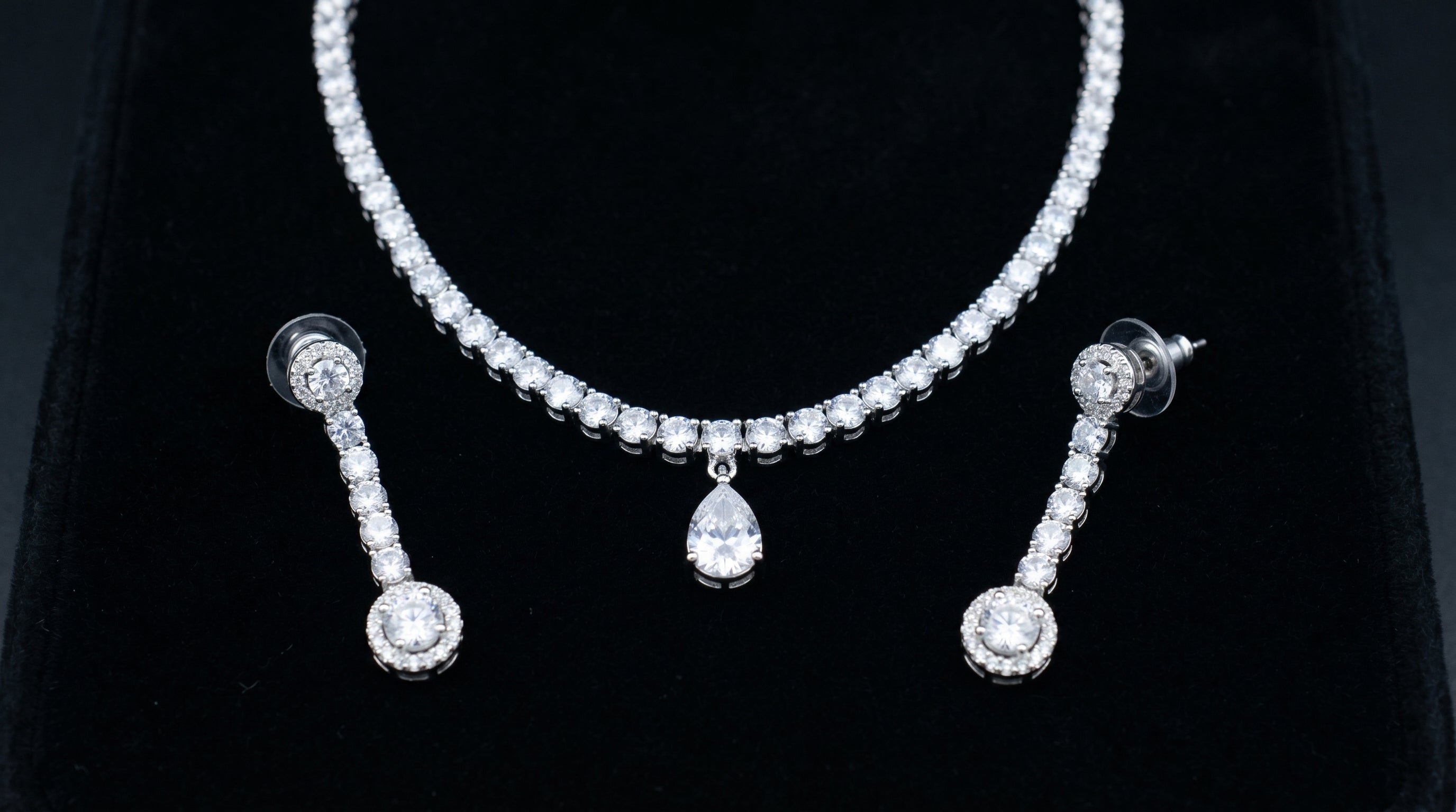 Silver Crystal Diamond Tennis Necklace Set