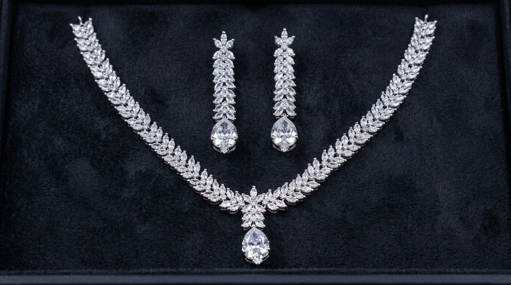 Silver Crystal Diamond Marquise Leaf Feather Necklace Set