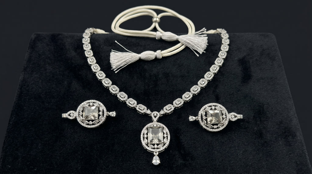 Silver Crystal Diamond Twisted Chain Necklace Set