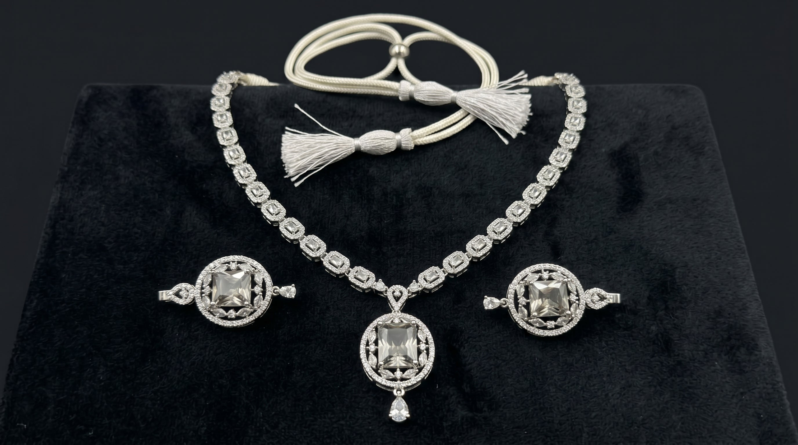 Silver Crystal Diamond Twisted Chain Necklace Set